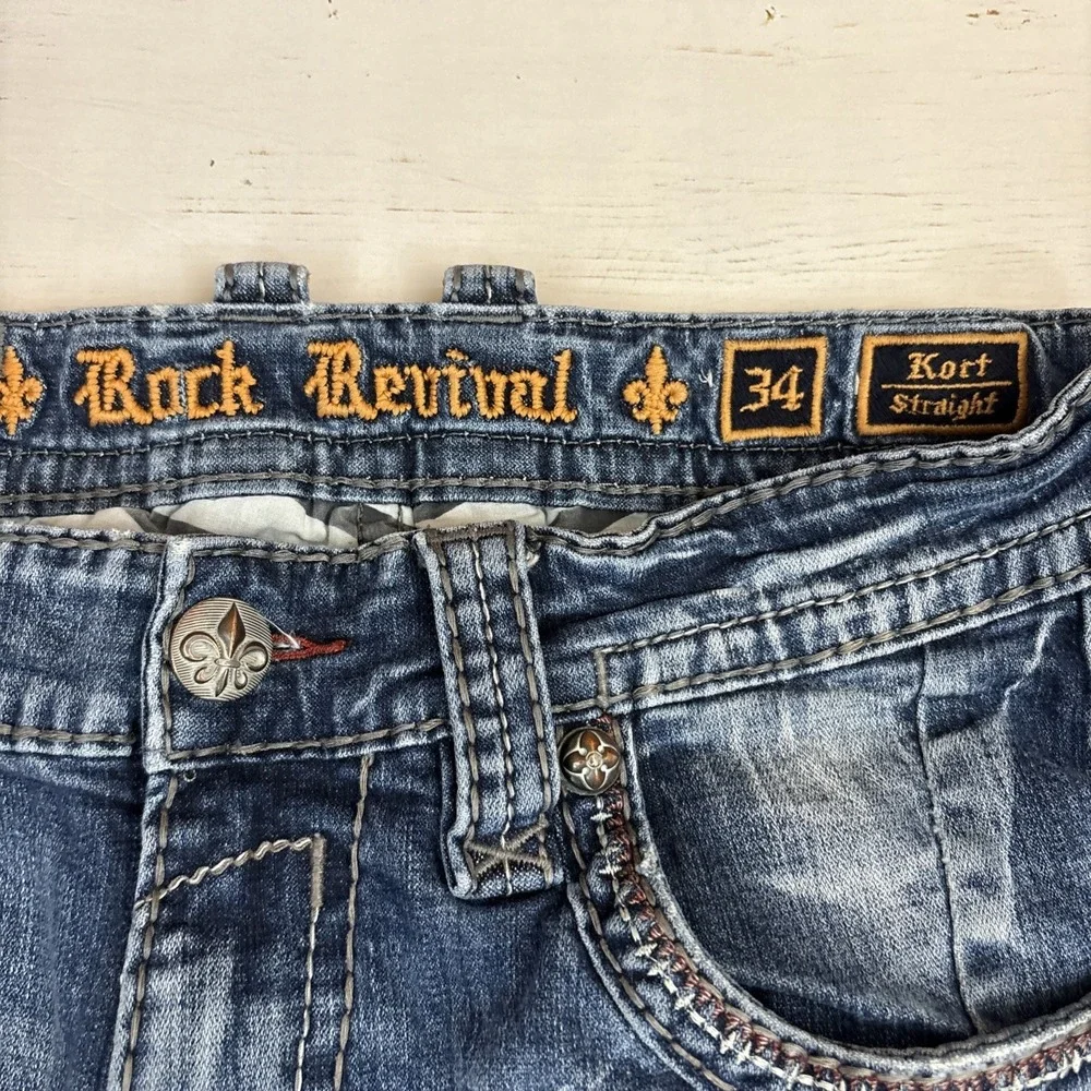 Rock Revival Mens Thick Stitch Jeans Kort Straight Leg Jeans Size 34 (36X33) - Picture 9 of 11